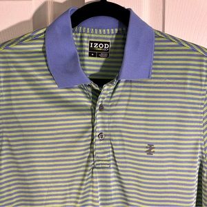 Izod Men's Medium Blue Green Stripe Polo Shirt 100% Polyester Golf Casual